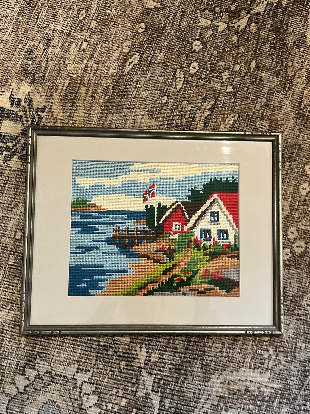Framed Vintage Norwegian Fjord Needlework Coastal Cottage Wall Art 14.5" x 11.5"